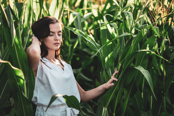 Young beautiful woman with brown hair in the corn field.