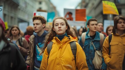 Obraz premium Woman in yellow jacket stands out in protest crowd. candid street photography. focus on expressive individual. contemporary issues theme. AI