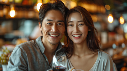 Happy asian couple drinking red wine in restaurant. Young asian man and woman sitting at table and smiling.