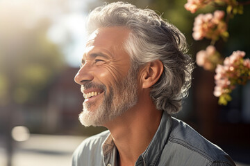 Creative Generative AI technology picture of happy people surrounded by spring blossom enjoying great day