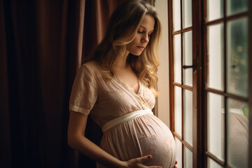 Fototapeta premium Photography of young pregnant woman smiling and enjoying her pregnancy near a window at home generative AI