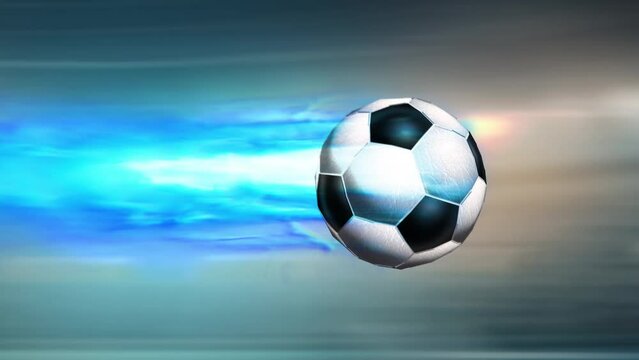 soccer ball flying in high speed with plasma flames comes close up 