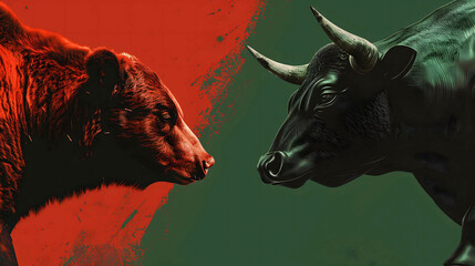 Bull and bear in stock market, bull indicates an uptrend in the stock market and bear indicate the stock market is down, bull market and bear market concept - obrazy, fototapety, plakaty