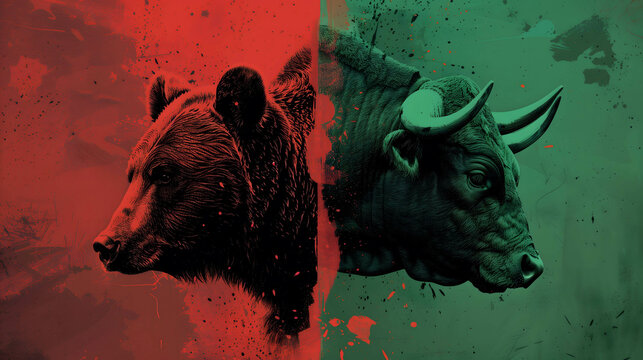 Bull and bear in stock market, bull indicates an uptrend in the stock market and bear indicate the stock market is down, bull market and bear market concept