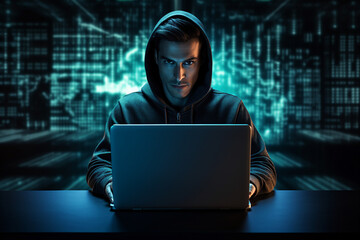 Experienced hacker in action breaking software protection server code Generative Ai image pic