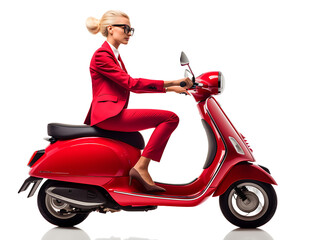 Blond business woman driving a scooter on PNG transparent background