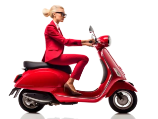 Photo sur Plexiglas Scooter Blond business woman driving a scooter on PNG transparent background