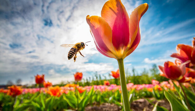 Biene fliegt zu einer Bl&uuml;te auf einem Tulpenfeld