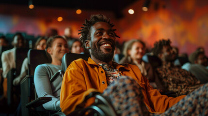Fototapeta na wymiar Man in wheelchair laughing joyfully at the cinema