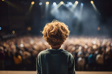 Fototapeta premium AI generated picture of talented small boy standing in front of audience illuminated by spotlights