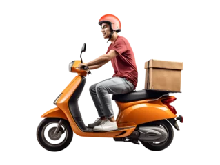 Tapeten Delivery man drives a motorcycle scooter to go to work PNG transparent background © I LOVE PNG