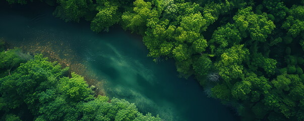 Aerial photo of a green forest with a river