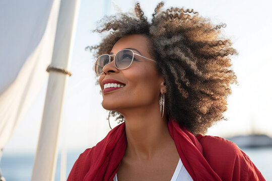 Photo of happy charming elegant glamour lady on a yacht on a sunny day made with generative ai