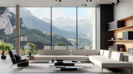  a modern living room with clean lines and white furniture and mountain view 