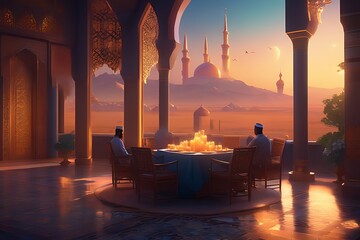 Ramadan Kareem background beautiful Islamic mosque view - obrazy, fototapety, plakaty