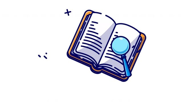 Line Animation of Book with Magnifying Glass Icon. Loop HD Video. Transparent Background. Outline Motion Graphic Animation