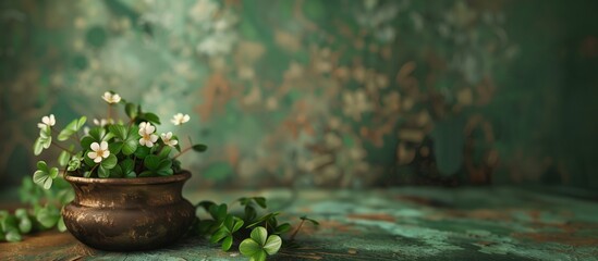 enchanted pot of clovers blooming with white flowers, a serene saint patrick's day theme - obrazy, fototapety, plakaty