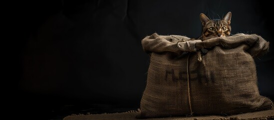 Cat in a sack on a black background, kitty in a burlap sack. The cat plays hide and seek in a sack