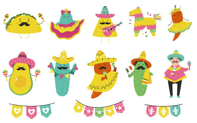 Big colorful set with funny characters for Cinco de Mayo holiday