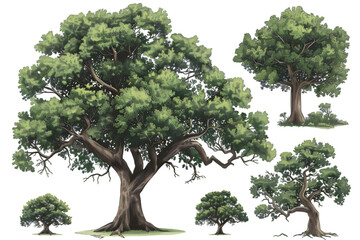 Oak Tree collection with realistic style isolated on white background 