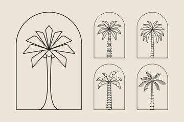 Palm tree arch frame thin line icon abstract design summer logo template modern minimal linear emblem for vacations rentals and travel services. Vector illustration