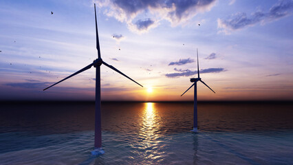 Obraz premium Offshore wind turbines farm on the ocean. Sustainable energy production, clean power. Close-up wind turbine. 