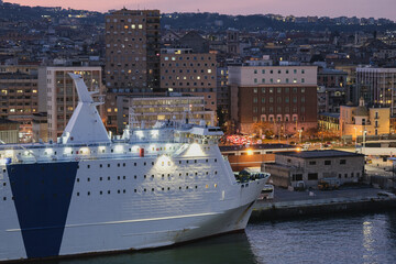 Mega car, passengers pax and cargo transporter ro-ro ferry ship cruiseship cruise liner in Genoa...