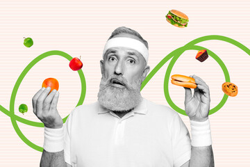 Photo collage image retired sportsman decide food eat burger junk food healthy fruits make choice...