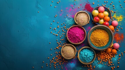 Obraz na płótnie Canvas Symbolizing joy and celebration, vibrant Holi festival colors are scattered and showcased in bowls on a textured blue background, creating a lively and festive scene.