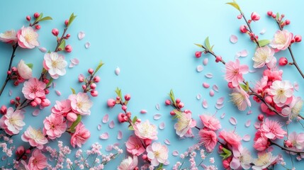 Against a gentle blue pastel background, a gradient of cherry blossoms ranges from deep pink to soft yellow, creating a serene and enchanting scene.
