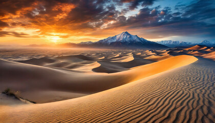 sand dunes with dramatic sunset, mountain in the orizon - 742891397
