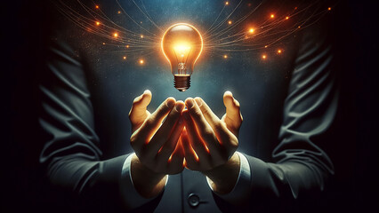 Businessman's hand holds a light bulb, illuminating the idea.