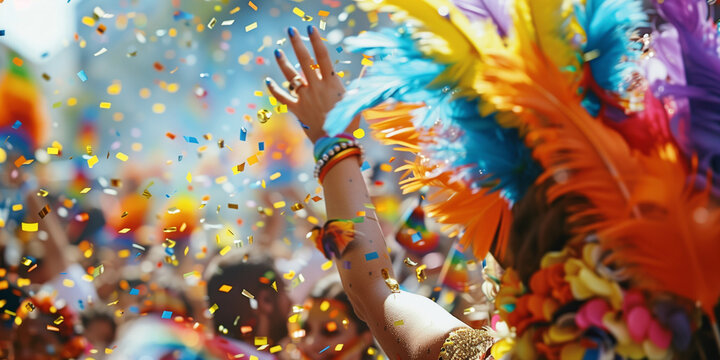 Total photo of pride parady with lmbtq flags happiness and joy confetty and hand in the air