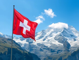 Swiss Flag with Mountainous Backdrop