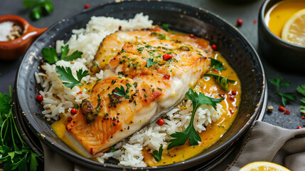 Grilled fish steak with rice and red lentil soup gastro photography redfish - obrazy, fototapety, plakaty