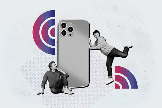 Composite graphics collage image of two joyful young guys freelancer iphone high speed Internet wifi connection 5g work online isolated on grey color background