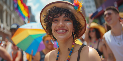 Happy young woman weat sunhat smiling and enjoy the pride parade with lmbtq flags - obrazy, fototapety, plakaty