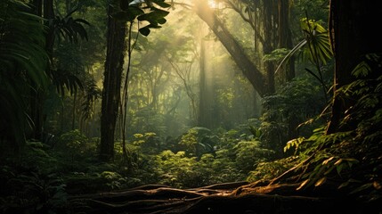 A photo of a dense rainforest