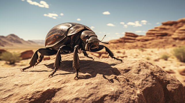 A photo of a desert beetle crawling on a rock with arid landscape backdrop