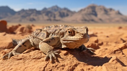 A photo of a desert lizard blending into the sand with distant mountains backdrop