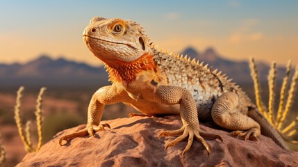 A photo of a desert lizard basking on a rock with sandy expanse backdrop