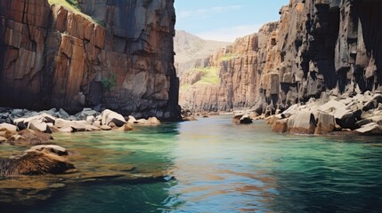 A photo of a lagoon with rocky cliffs