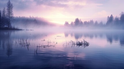A photo of a misty lake