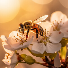 Spring, cherry blossom with honey bee, Bee flying over the  flower in blur background - 742892985
