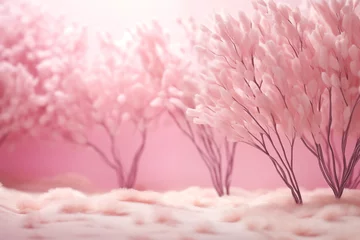 Fototapeten Pink fluffy trees on dreamy soft pink landscape with fallen petals © MariiaDemchenko