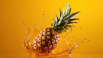 A falling pineapple splashing with pineapple juice on yellow background.