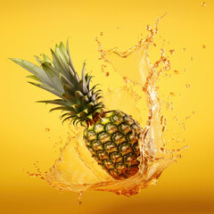 A falling pineapple splashing with pineapple juice on yellow background.