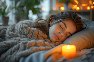 A beautiful young brunette sleeps on her side, comfortably lying in bed, covered with a knitted...