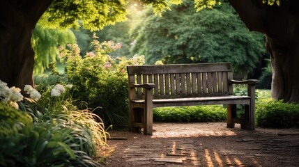 A photo of a weathered wooden bench in a peaceful garden