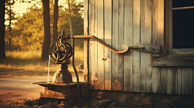 A photo of a vintage water pump in a rustic farmhouse